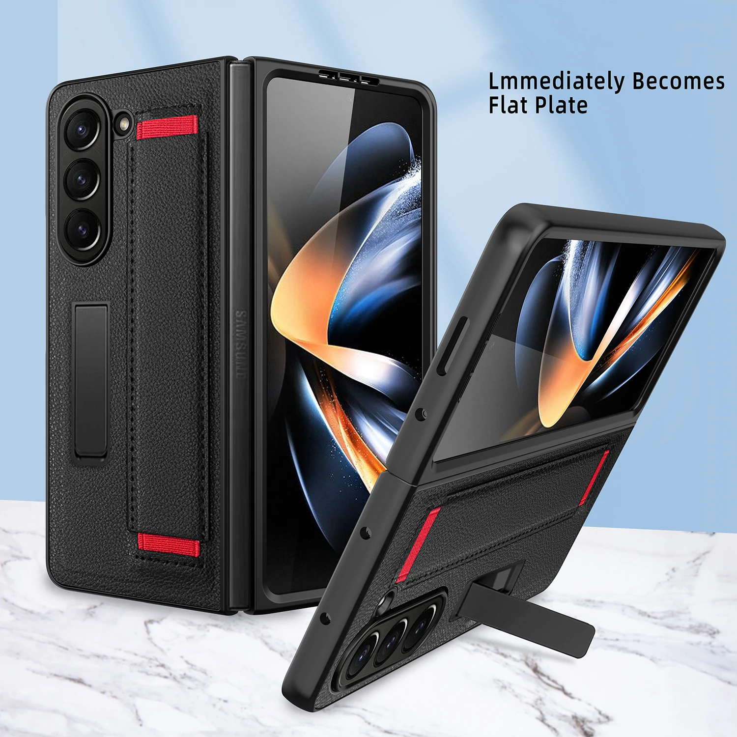 For Samsung Galaxy Z Fold 5 Case With Shell Film Wrist Strap Bracket Lychee Pattern Leather Folding Shockproof Cover Accessories