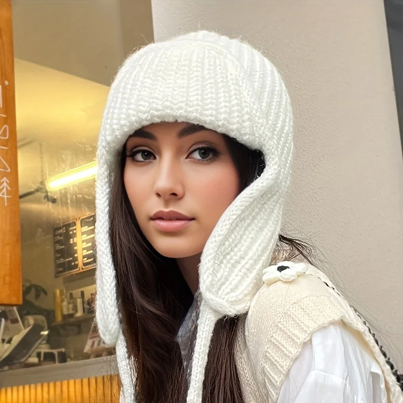 Solid color warm ear protection knitted hat for children in autumn and winter with tied wool hat, fashionable thickened hat 2