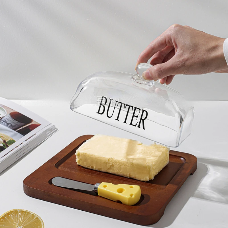 Wood Butter Dish With Glass Lid And Knife