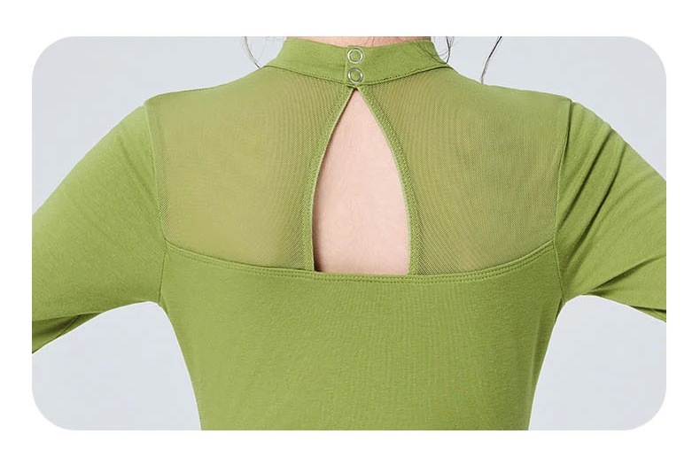 Mädchen-Ballett-Trikot im chinesischen Stil, eleganter Stehkragen mit gefälschten Knöpfen, Mesh-Splice-Tanz-Body, hochelastisch, langärmelig – Detail 13