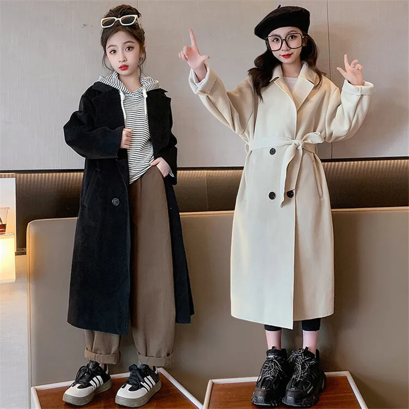 Girls Woolen Coat Jacket Windbreak 2023 Stylish Warm Thicken Winter Cotton Overcoat Christmas Teenagers Children's Clothing