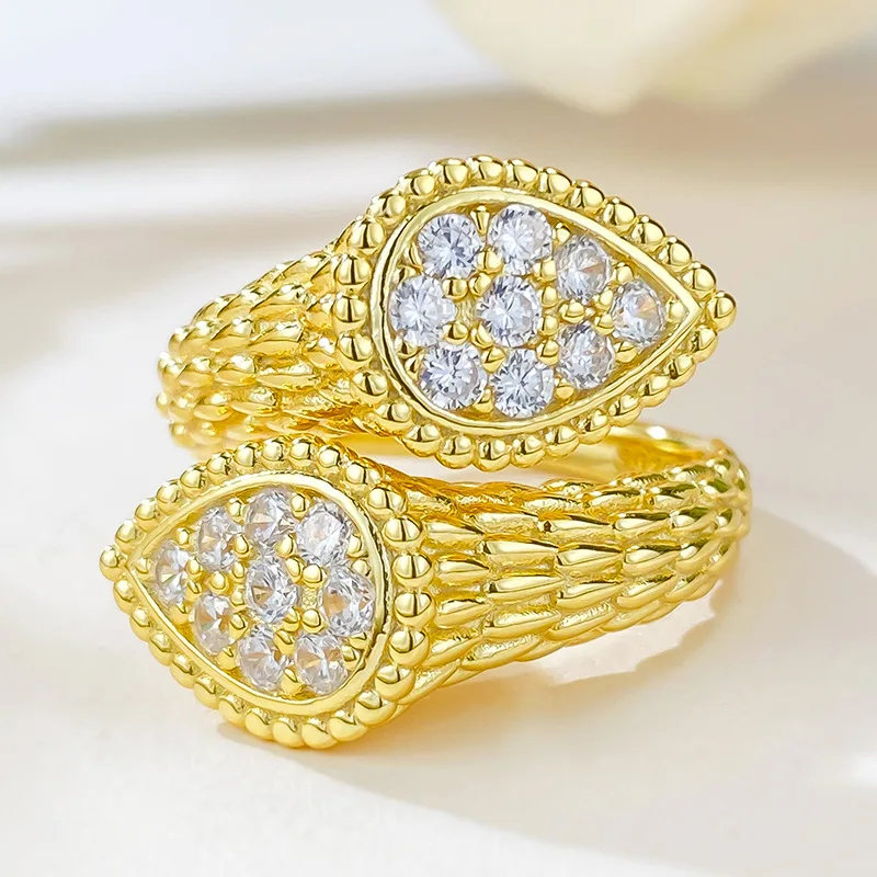 

2023 New Brushed Craft Full Diamond Inlaid Droplet Ring 925 Silver Opening Adjustment Ring