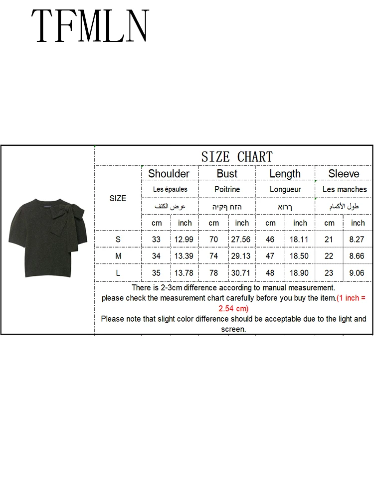 TFMLN 2025 Autumn Women Solid Bow Knitted Sweaters Fashion O-neck Short Sleeve Pullover Tops Sweet Girls Chic Causal Knitwear