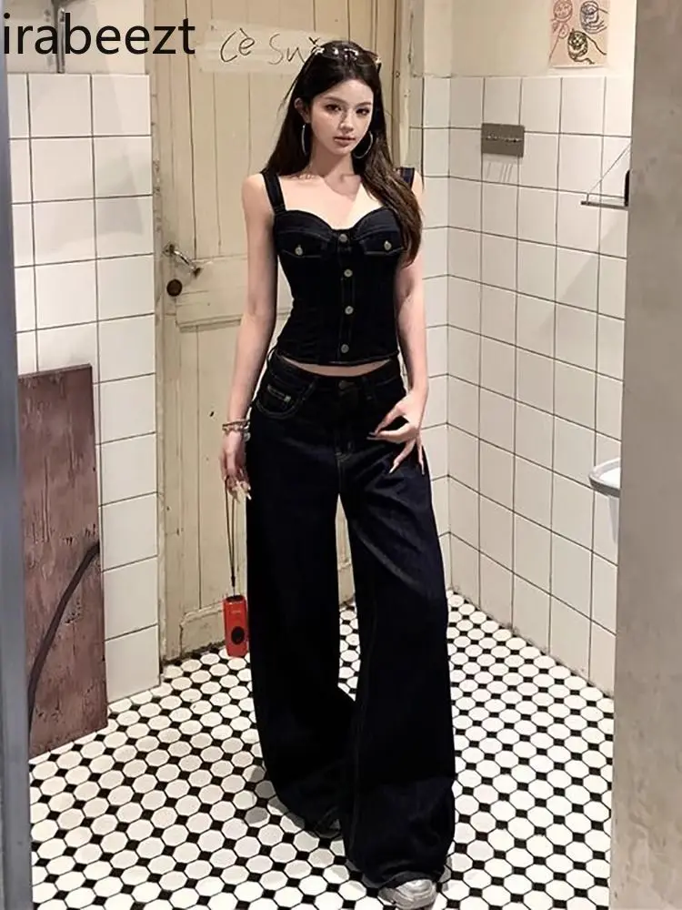 Roupas Femininas Conjuntos Sexy Retro Hot Girl Denim Set Female Summer New Waist Tube Top High Waist Jeans Two Piece Suit