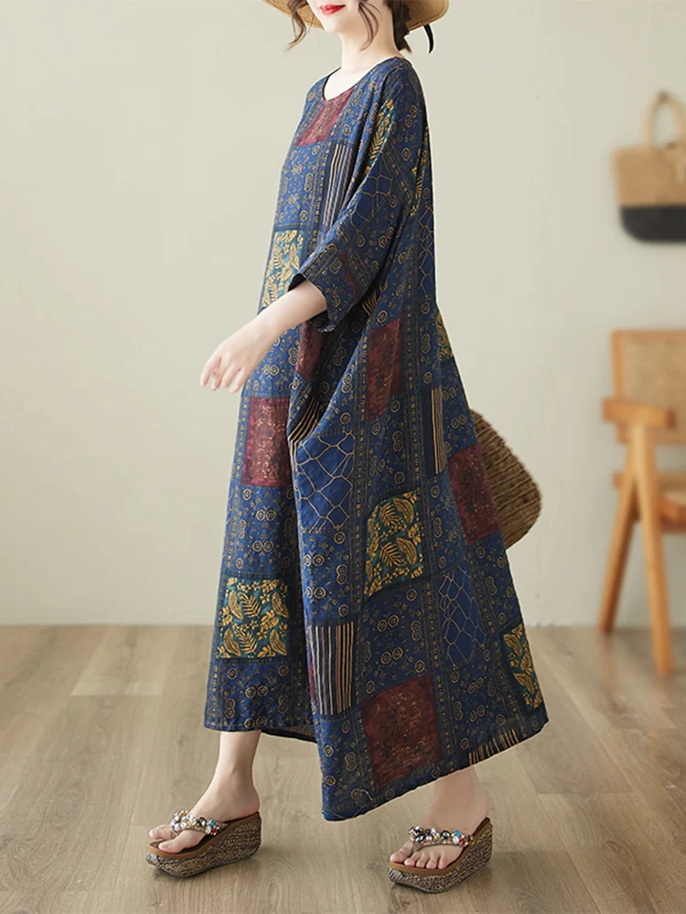 2025 Summer Cotton Vintage Casual Loose Print Dresses For Women Short Sleeve Dress Femme Vestidos Elegant Long Clothing
