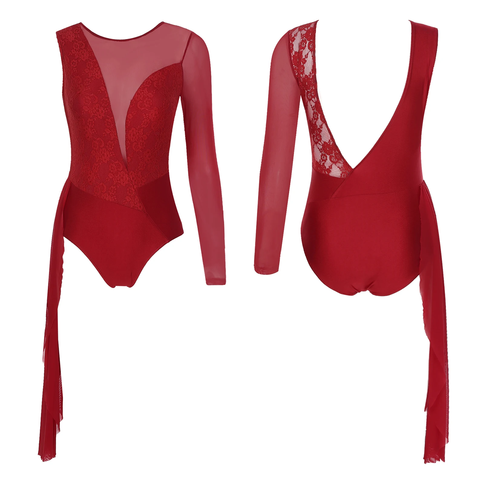 thumbnail image 1 of Jersey de Ballet y gimnasia para mujer, traje de leotardo de danza lírica, malla transparente, manga larga, encaje Floral, retazos, Body con escote en V profundo, 1 of 5