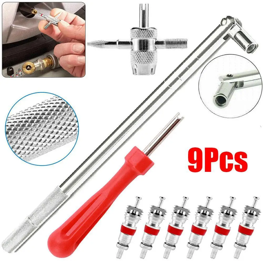 

9Pcs Valve Stem Removal Tool 6Pcs Brass Valve Cores 4-Way Valve Tool Valve Stem Puller Tool Wrench for Car Motorcycle