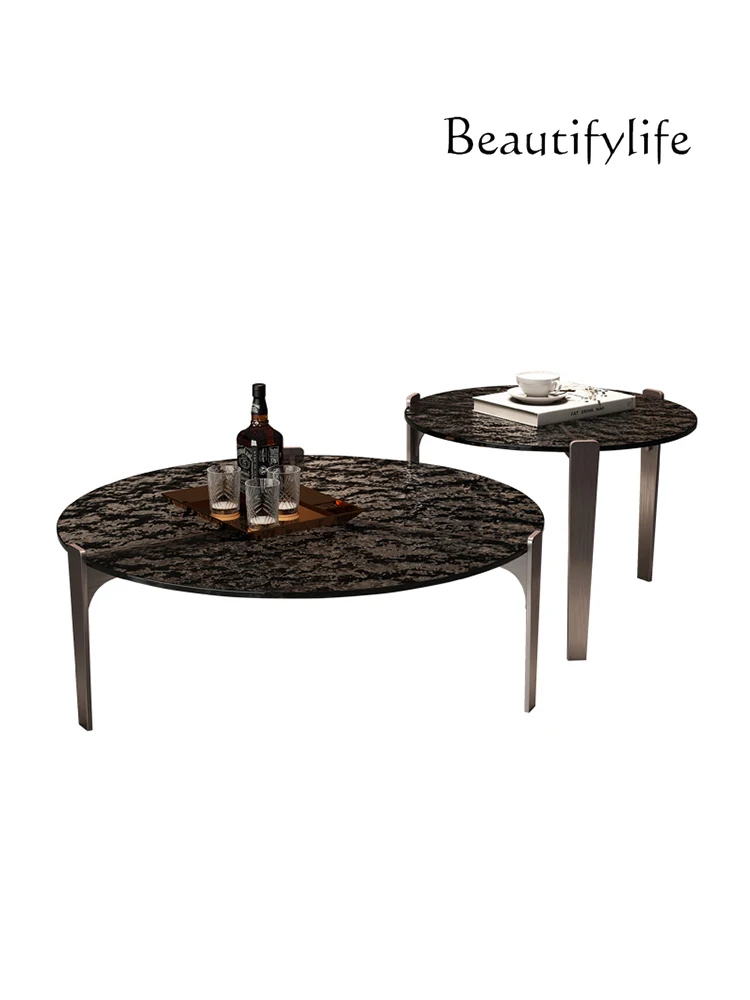 

Minimalist Italian-Style Light Luxury Stainless Steel round Combination Water Ripple Glass Coffee Table Model Room Living Room