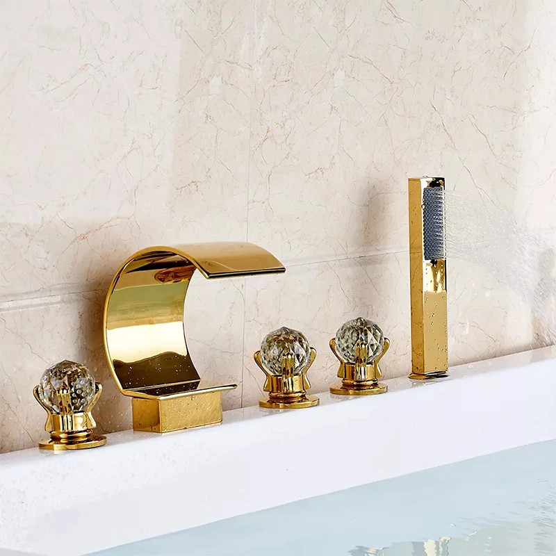 Golden Swan Bathtub Faucet Widespread Tub Mixer Tap Deck Mounted 3 Handle Swan Bath Shower Set with Pull Out Handshower Head 5