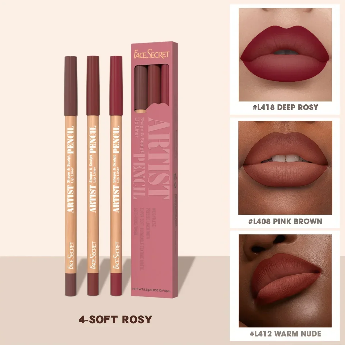 Face Secret 3pcs Set Nude Lip Liner, Natural Matte,Long-Lasting Waterproof,High Pigmented Hook Line Lip Pencil Makeup