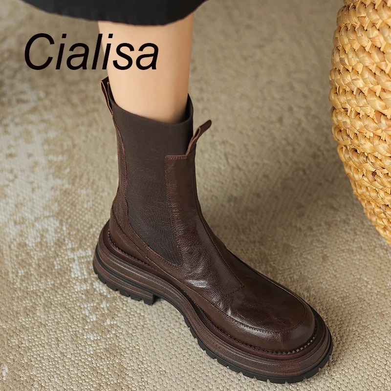 

Cialisa 2023 New Autumn Winter Round Toe Shoes Fashion Patchwork Genuine Leather Women Short Boots Mid Heels Stretch Ankle Boots