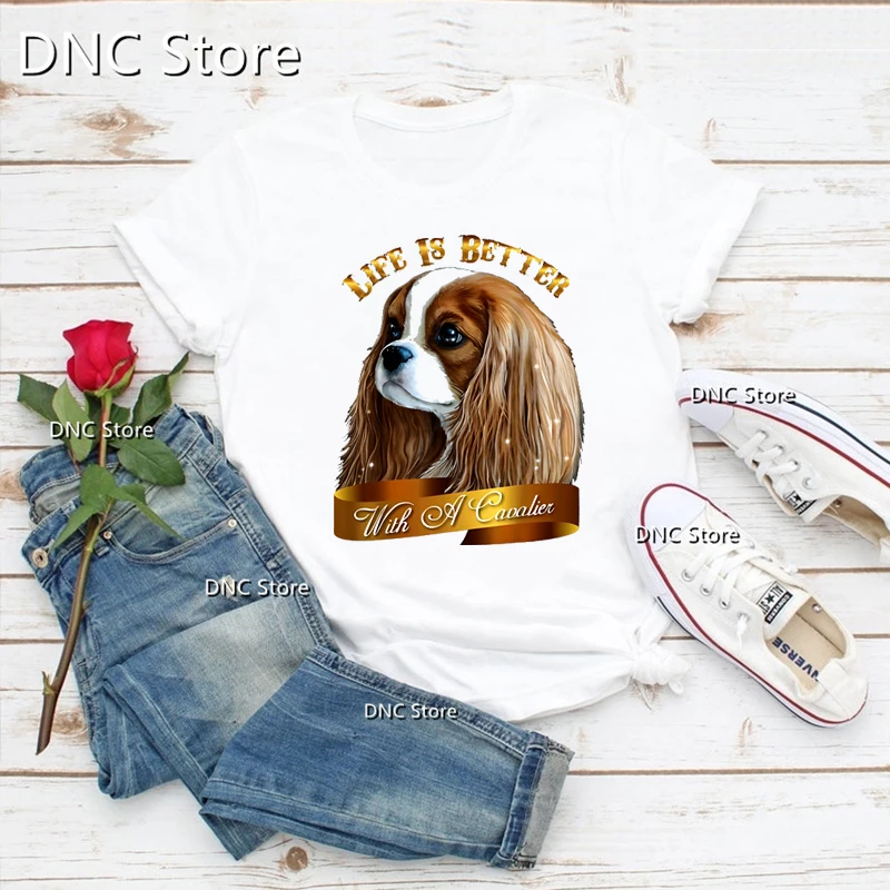 

2023 Kawaii T-Shirt Women Funny King Charles Spaniel Tshirt Femme Dog Lover Clothes Harajuku Shirt 90s Girls Tshirt Ulzzang Tops