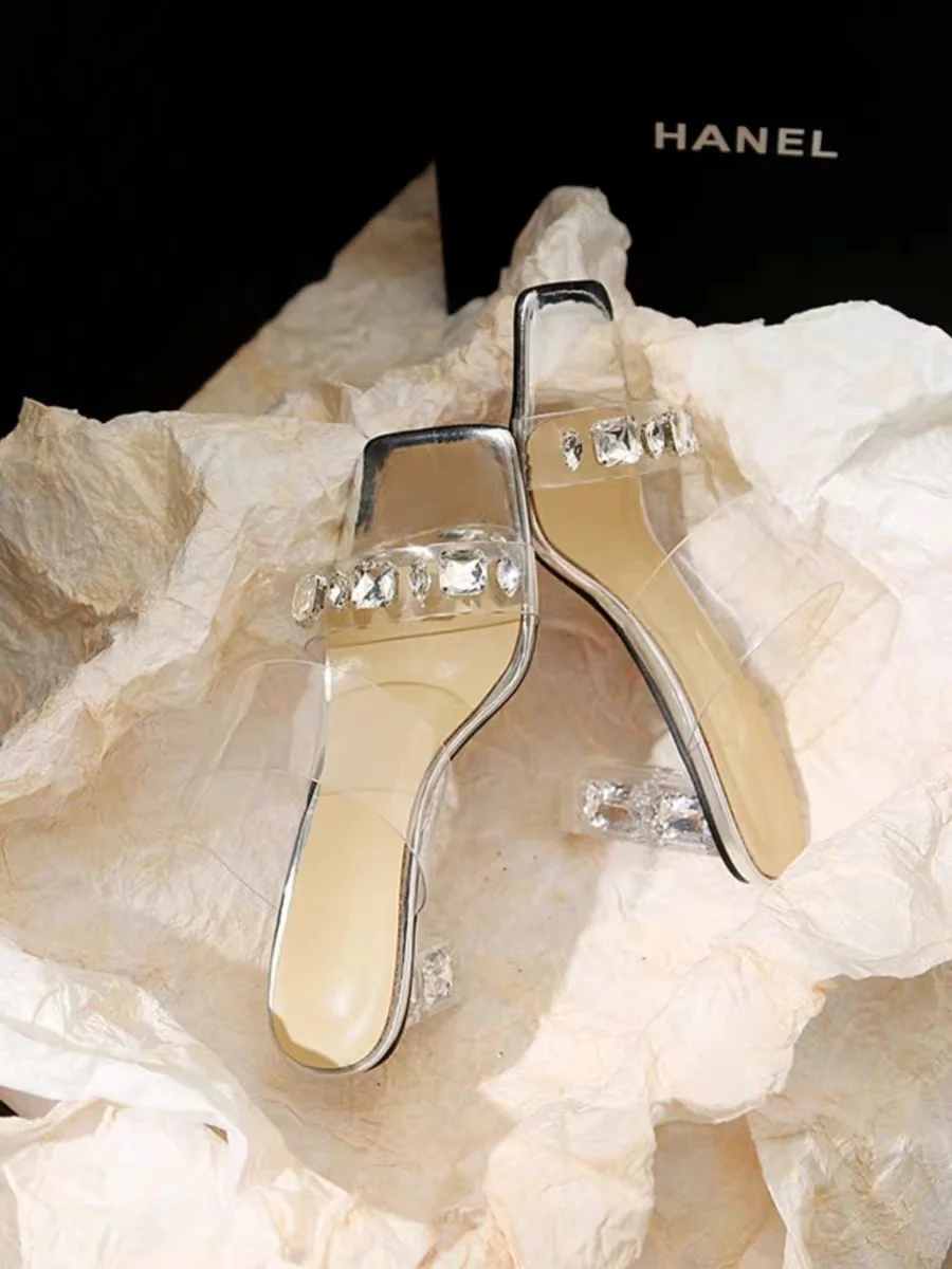 Square head with rhinestone transparent high heel sandals for women wearing crystal heels for summer wear