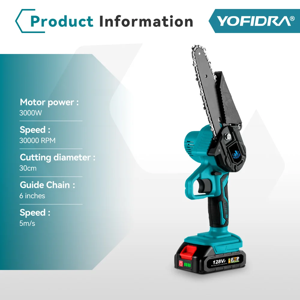 YOFIDRA 3000W 6 Inch Electric Chain Saw Mini Cordless Handheld Pruning Chainsaws Wood Cutting Power Tools For Makita 18V Battery 3
