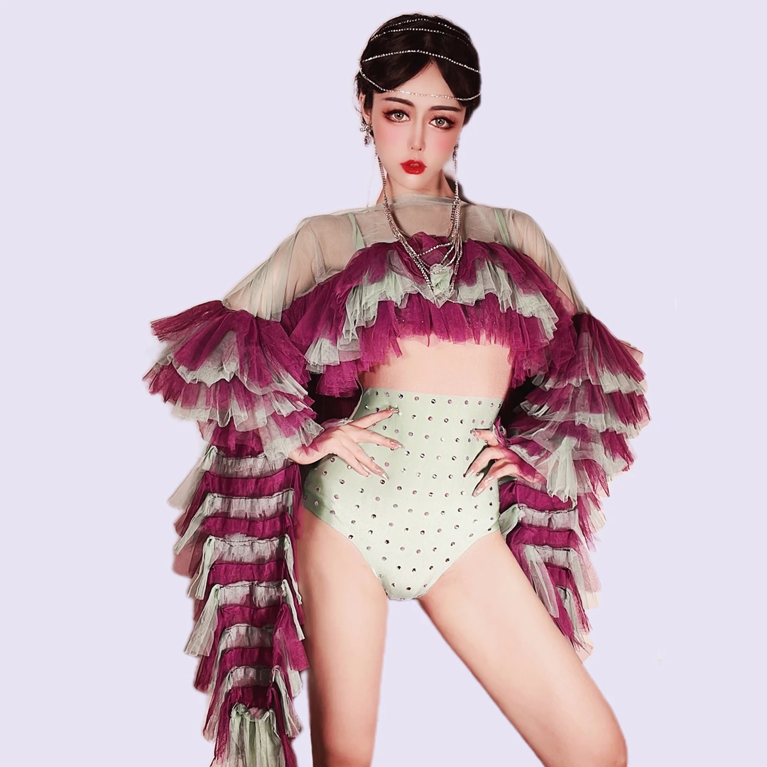 

Nightclub Bar Diamond Yarn Sleeves Outfit Set Female Singer Split Suit Catwalk Costume Drag Queen Costumes Stage Rave Clothes