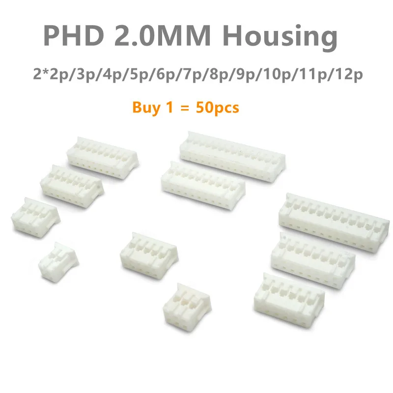 Boîtier Double NucleoConnector, PHD, 2.0mm, 2x2, 3, 4, 5, 6, 7, 8, 9, 10, 11, 12, 13, 14, 15, 16, 50Pcs, Lot connecteur PHD2.0 à 20 broches