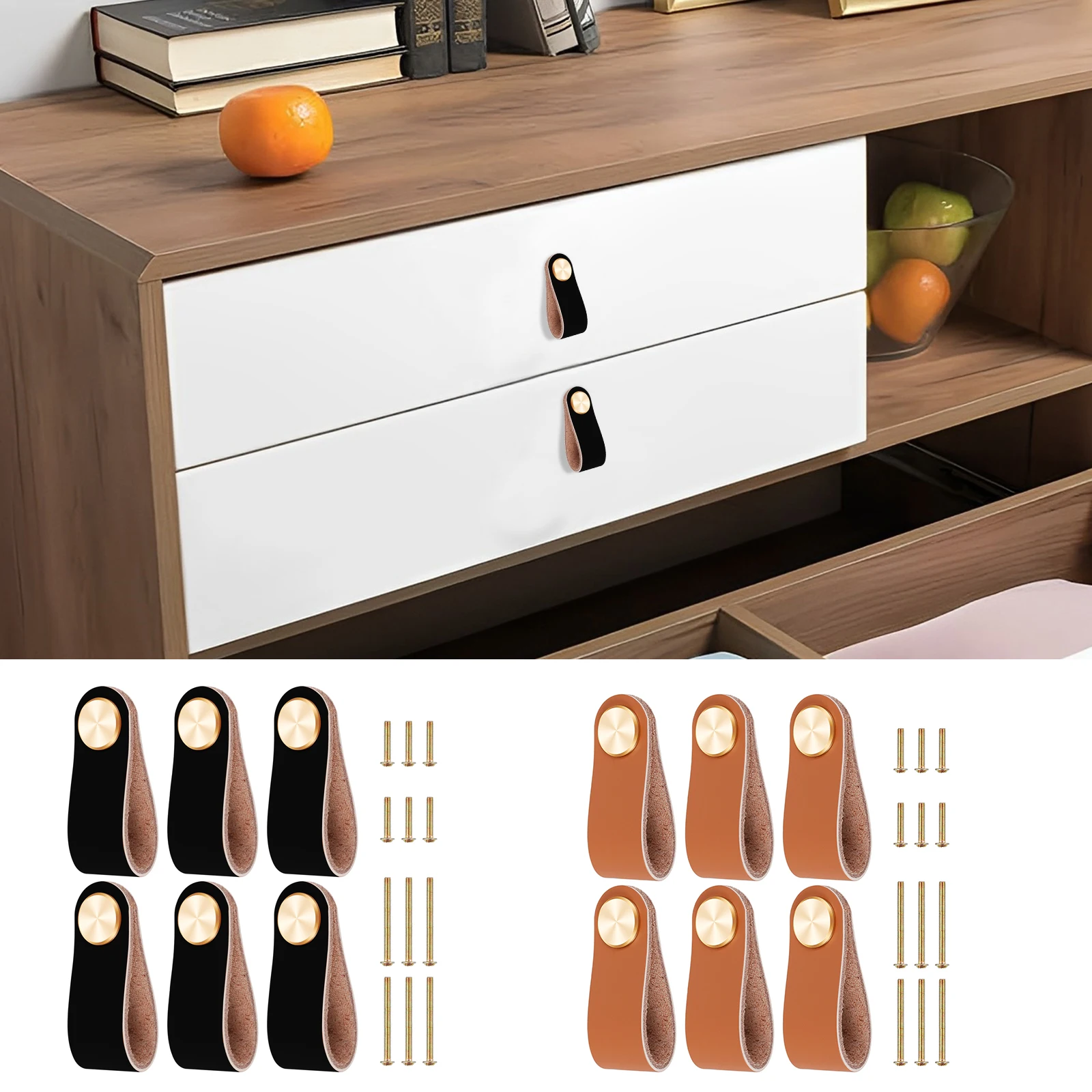 

6Pcs Leather Drawer Pulls Thickened Cow Leather Cabinet Handles with Screws Multi-Purpose Leather Knobs Decorative Wardrobe Door