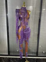 Shining Rhinestones Purple Sexy Tassels Mesh See Through Bodycon Jumpsuit Celebrate Nightclub Party Birthday Photoshoot Wear - Image 5