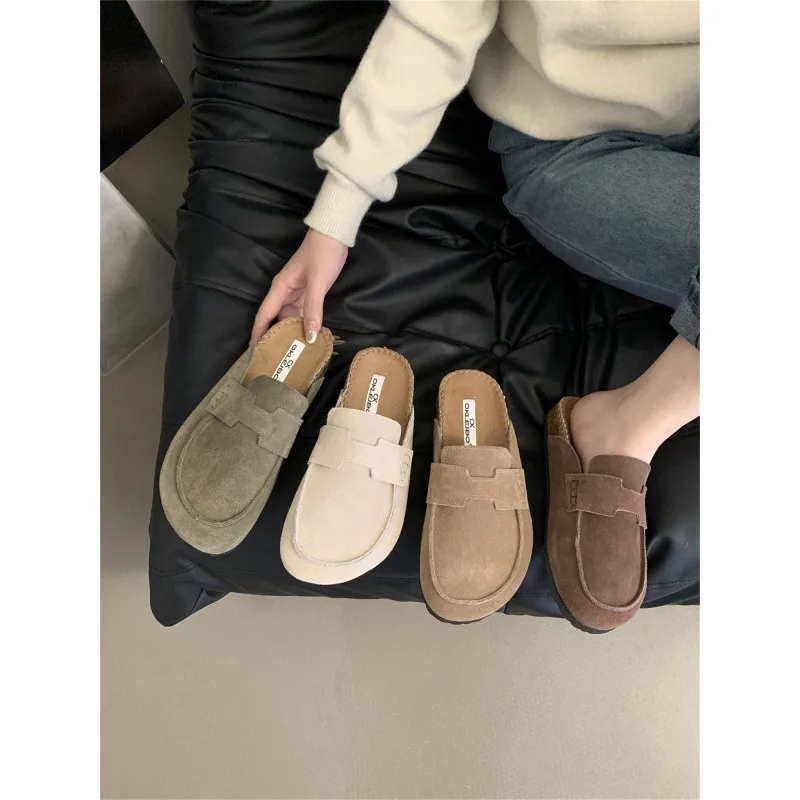 Thick Sole Versatile Bucken Shoes Real Leather Wrap Top Half Slippers Female Outsider Wearing One Step Wearing  Women's Shoes