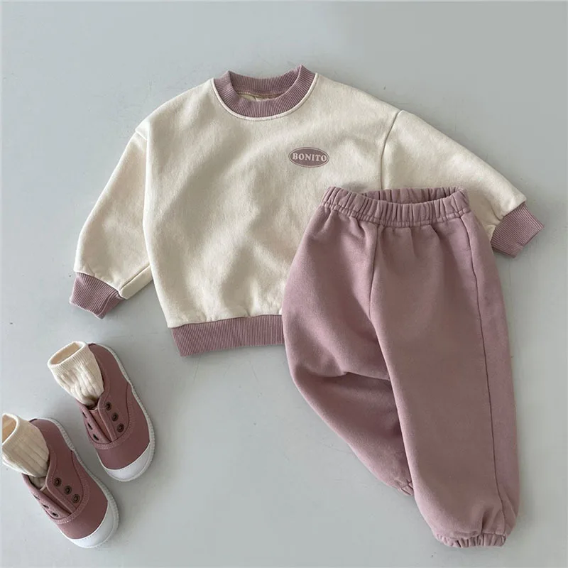 

Autumn Children Boy Casual Soft Sports Set Girl Simple Pullover Tops Toddler Long Sleeves T-shirt And Solid Cotton Pants Suit