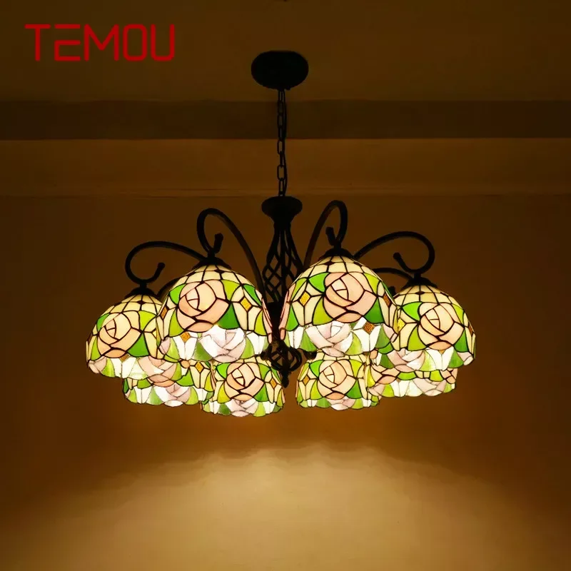 

TEMOU Tiffany European Living Room PendantLamp Vintage Creative Color Glass restaurant Bedroom Hotel Chandelier
