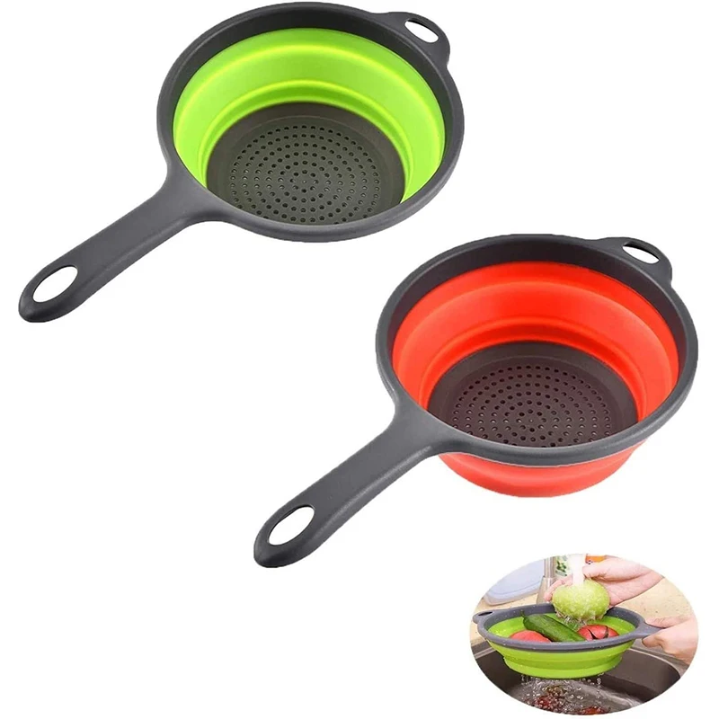Silicone Collapsible Kitchen Strainer with Handle for Draining Pasta, Vegetables, and Fruits