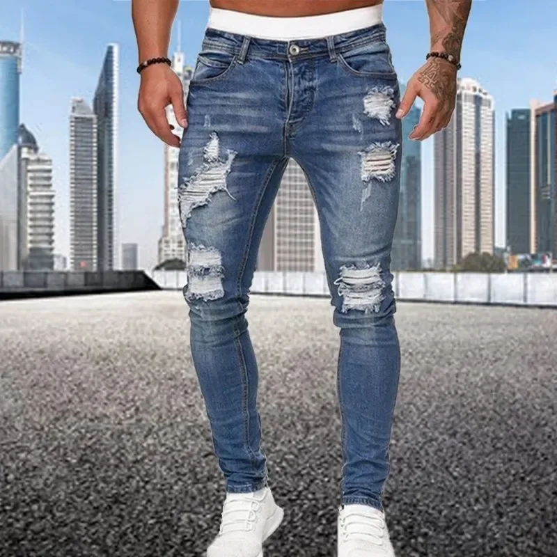 Retro Ripped Pencil Small Foot Skinny Jeans for Men Motorcycle Streetwear Stretch Straight Casual Slim Jeans Male