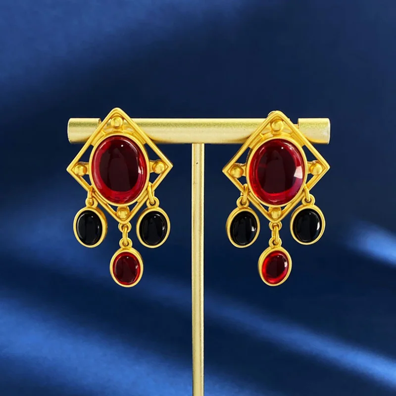 Donia Jewelry European and American Fashion Oval Gemstone Titanium Steel Long Silver Needle Luxury Tassel Earrings