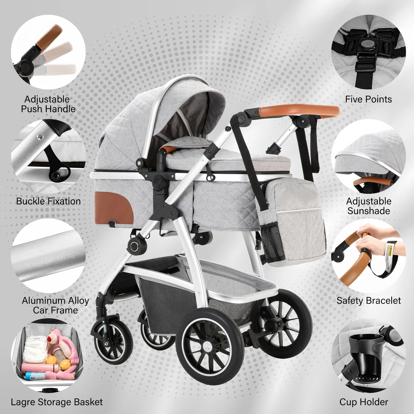 Kinderwagen, 3-in-1, tragbar, für Reisen, luxuriöser Kinderwagen, hoher Landschafts-Aluminiumrahmen, multifunktionaler Kinderwagen, Autositz – Detail 5