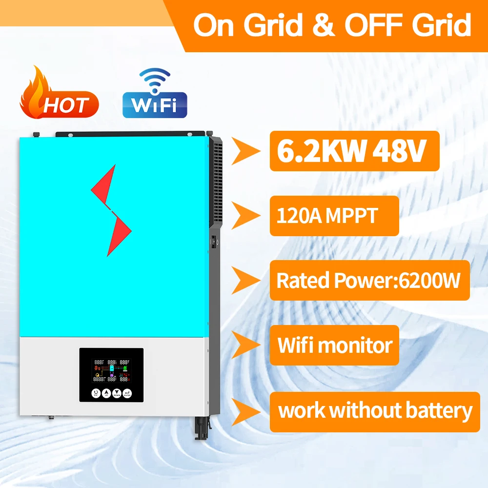 Inverter Ibrido On-Grid/Off Grid Da 6200W Mppt100A Inverter Solare Tensione Di Ingresso 48V 90 ~ 450 Vdc Grid 230Vac Funziona Senza Batteria