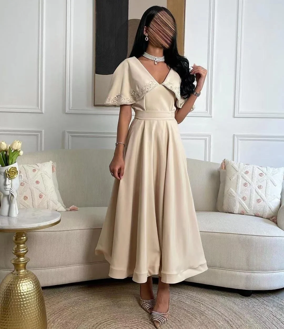 

Saudi Arabia Evening Dresses V Neck Beading Prom Dresses for Women Short Sleeves Robe De Soiree Ankle Length Birthday Party Gown