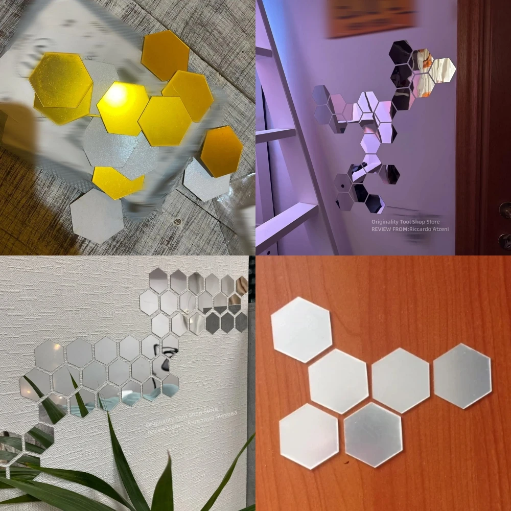 Wall Stickers Small Mirror Acrylic Hex Self-Adhesive Mosaic Tiles 80x70x40mm for Bathroom Home Decor
