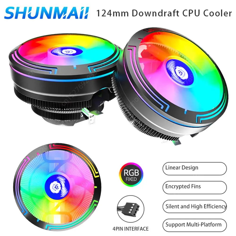 인텔 LGA 1200 115X 용 RGB CPU 쿨러 TDP 95W 냉각 PC 라디에이터 선풍기, 124mm 블랙 알루미늄 핀 CPU 라디에이터, 12V 4 핀 PWM 선풍기