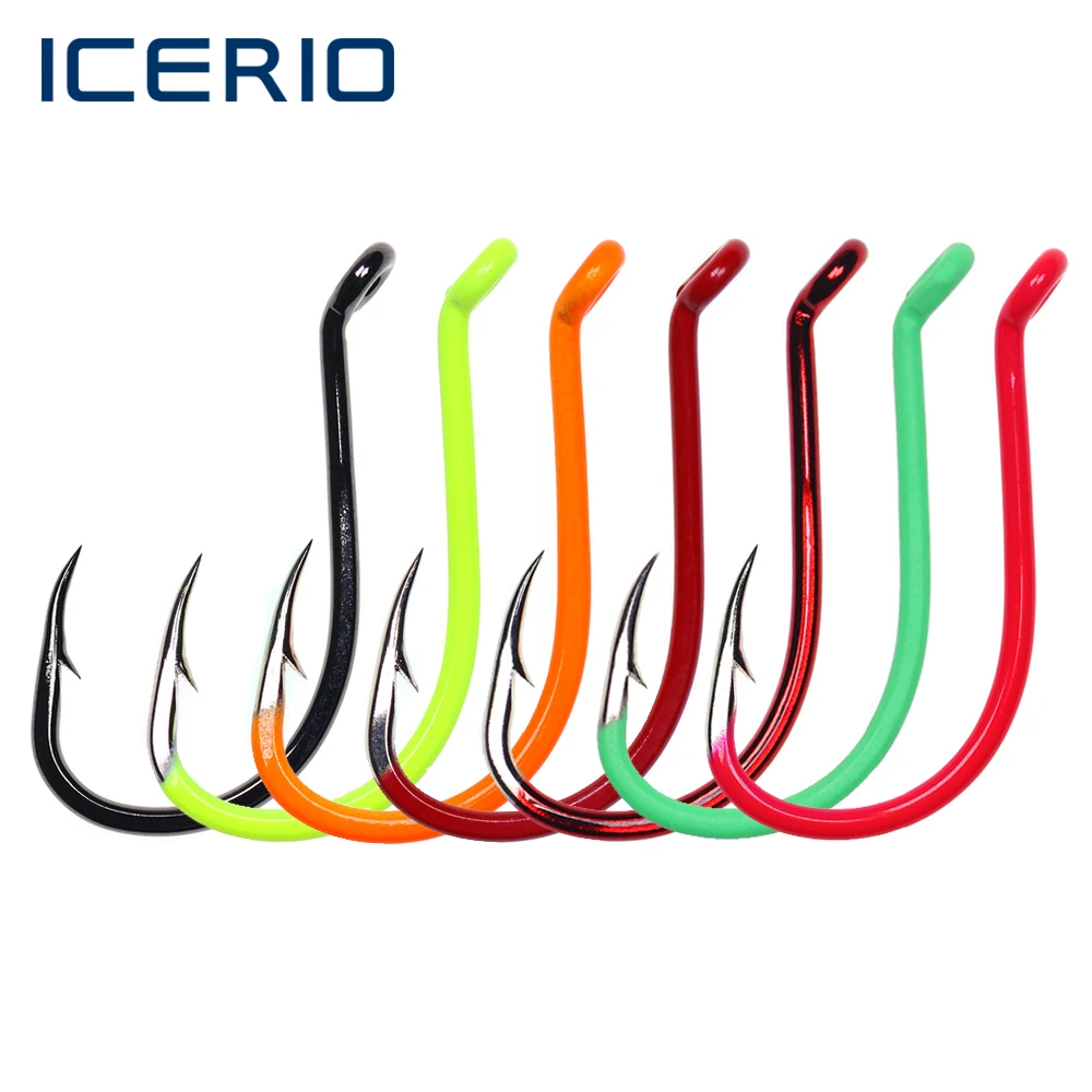 ICERIO High Carbon Steel Saltwater Fishhook Luminous Green UV Fluo Offset  Point Octopus Fishing Hooks Size #10~#10/0