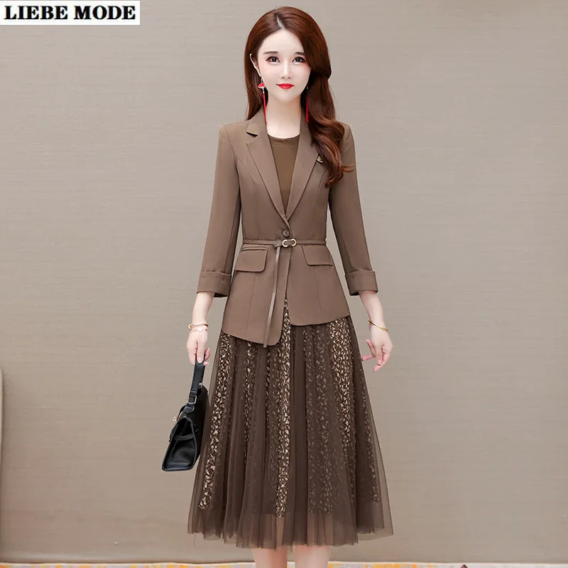 Spring Autumn Suit Jacket Dress Two Piece Women Elegant Mesh Skirt Blazers Coat Set Korean Fashion Professional Wear To Work