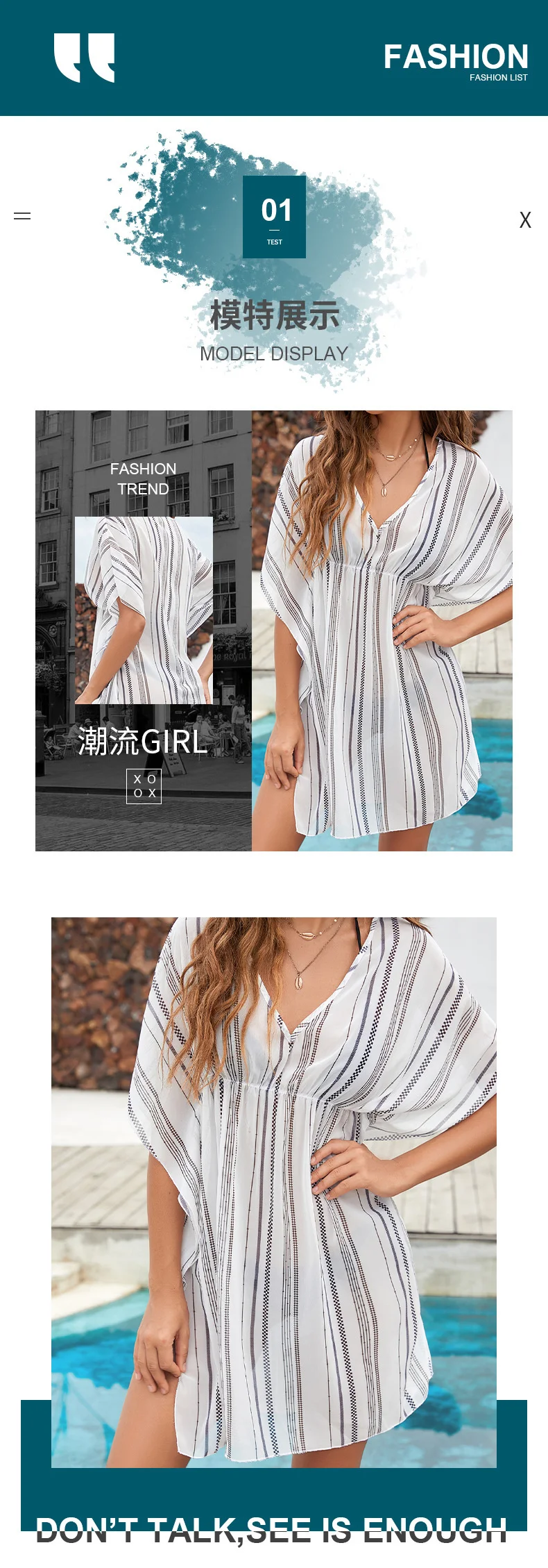 white beach dress long Bikini beach blouse stripe Casual Short Sleeve medium long Chiffon sunscreen seaside cardigan cover bathing suit wrap cover up