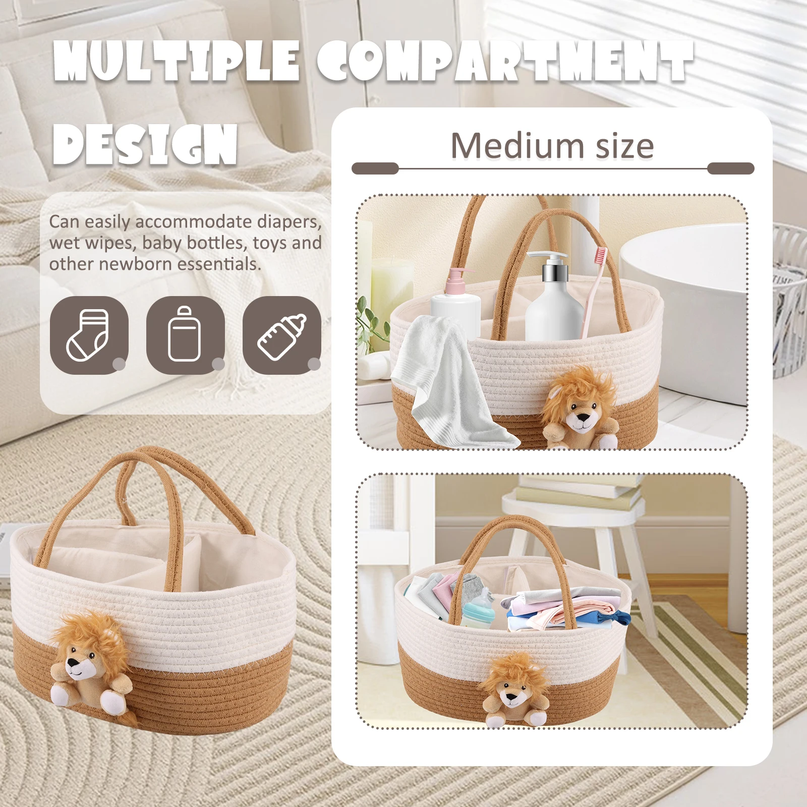 Portable Diaper Caddy Organizer Soft Cotton Rope Nursery Diaper Storage Basket with Sturdy Handle Large Capacity Storage Bag