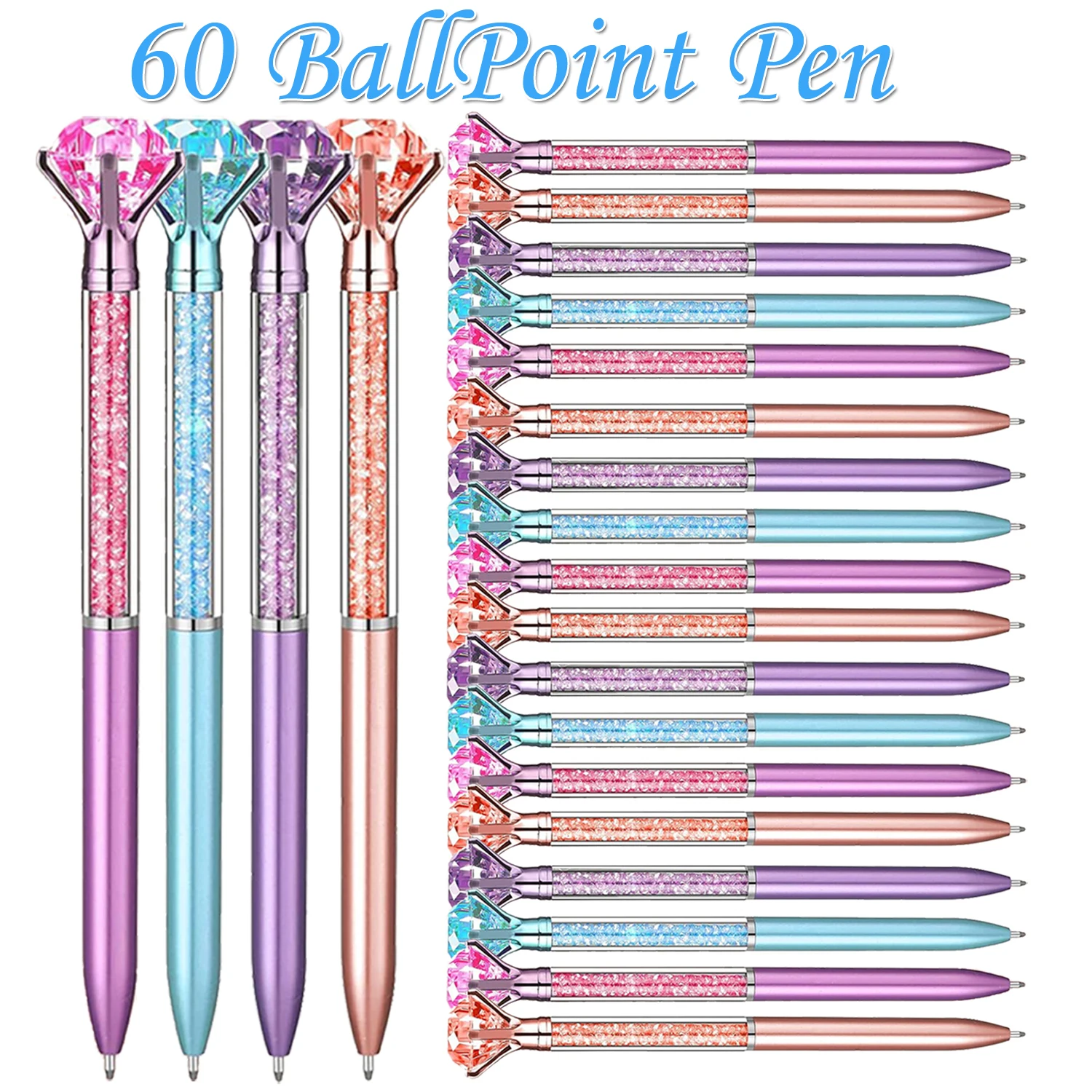

60Pcs Large Crystal Diamond Pens Christmas Gift Shiny Ballpoint Pen Black Ink Pens Suitable For School Office Supplies
