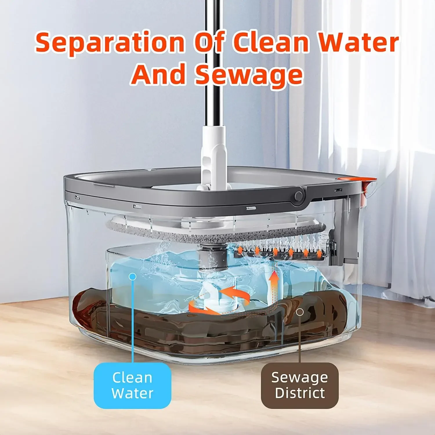 KZKR Spin Square Mop and Bucket Set M16 with 6 microfibra Replaceable Mop Pads with Self Separation Dirty and Clean