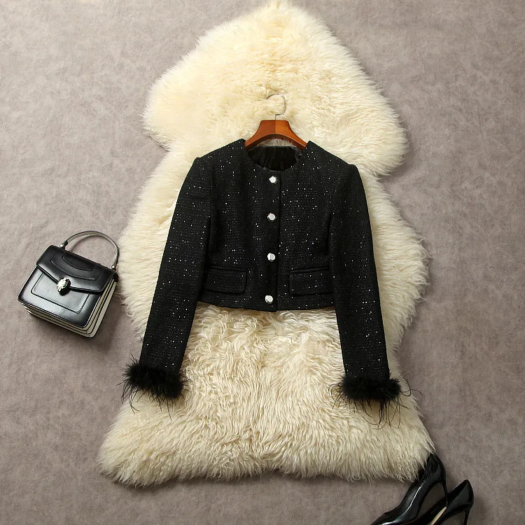 

European and American women's clothing 2023 autumn new Feathered long sleeve single breasted round neck fashion Short tweed coat