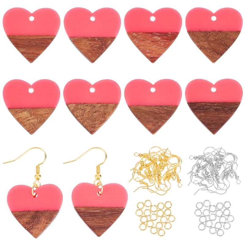 

1 Box DIY Cute Heart Dangle Earrings Making Kit Two Tone Resin Wooden Pendants Metal Ear Hooks Jump Rings Jewelry Findings