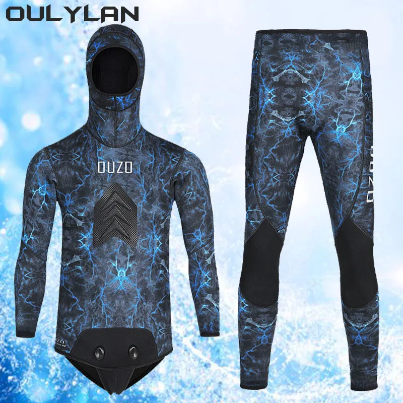 

Oulylan Camouflage Wetsuit 5MM Long Sleeve Fission Hooded 2 Pieces Of Neoprene Submersible Men Keep Warm Scuba Diving Suit