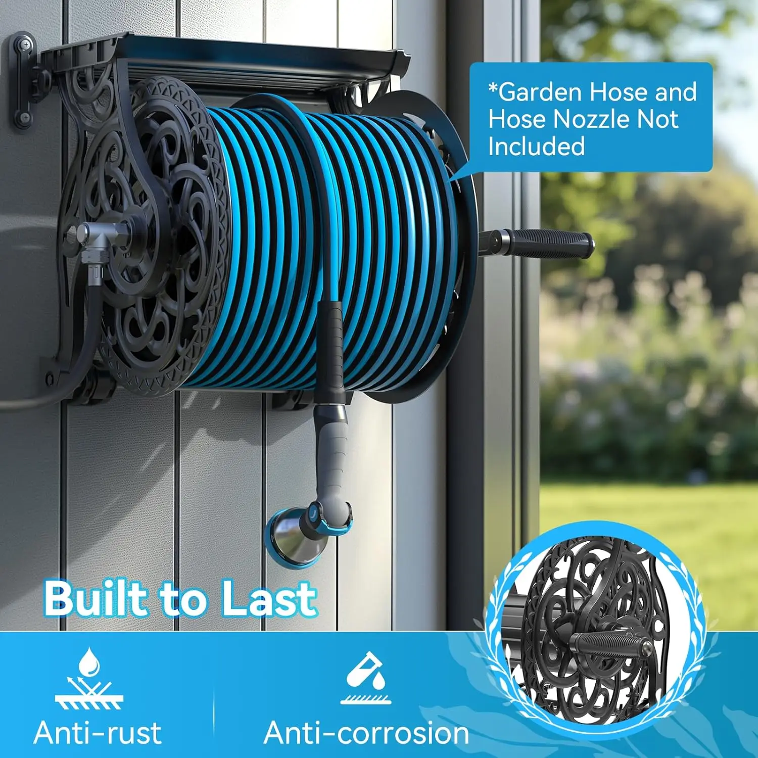 Reel, Hose Holder with Aluminum Frame, Never-Leak System, Easy Assembly, Hose Reel Wall Mount Holds 135 ft x 5/8 in Hose