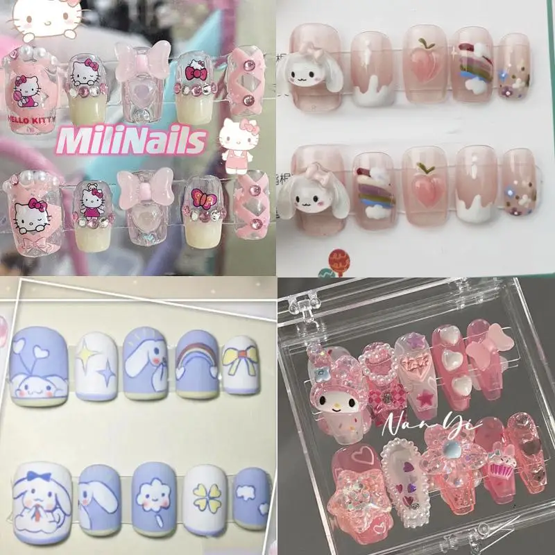 Kawaii Sanrioed Nails Rhinestone Detachable Hellokittys Cartoon Full