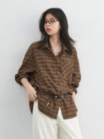 CHIC VEN nouvelles femmes chemise ample décontracté à manches longues Vintage épais ponçage femme Blouses à carreaux simple boutonnage automne hiver 2025 3
