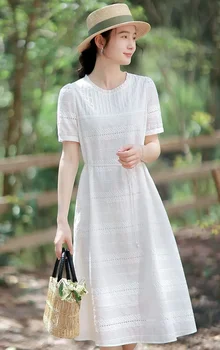 White Cotton Summer Dress Women Elegant Hollow Out Embroidery O-neck Short Sleeve Slim Waist Casual Dresses Vestidos Robe Femme 1