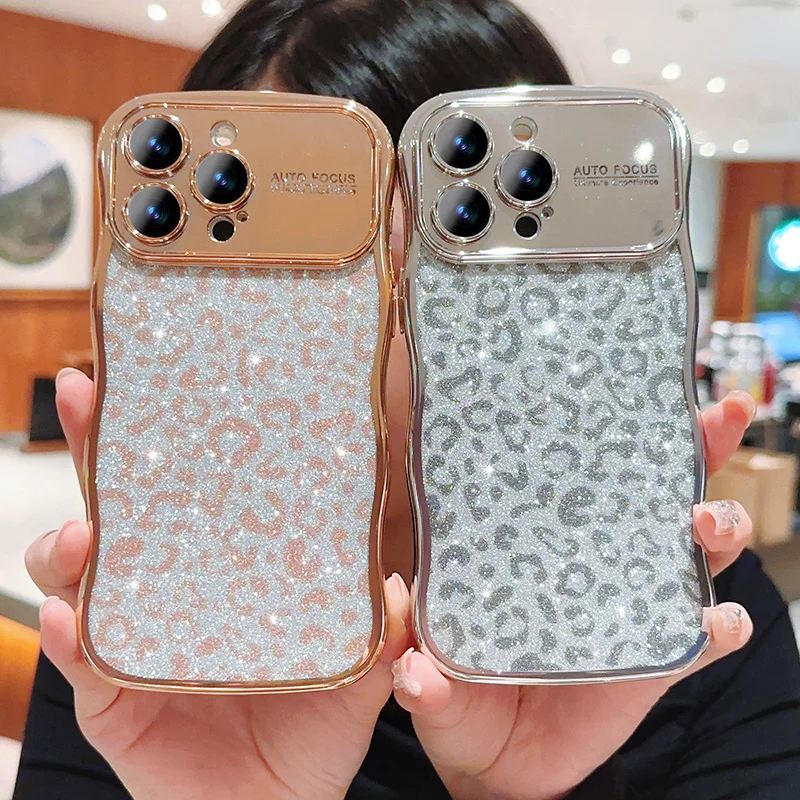 Curved Frame Glitter Leopard Pattern Plating Case For iPhone 15 14 13 12 11 Pro Max Lens Protect Shockproof Soft Cover_voghion.com