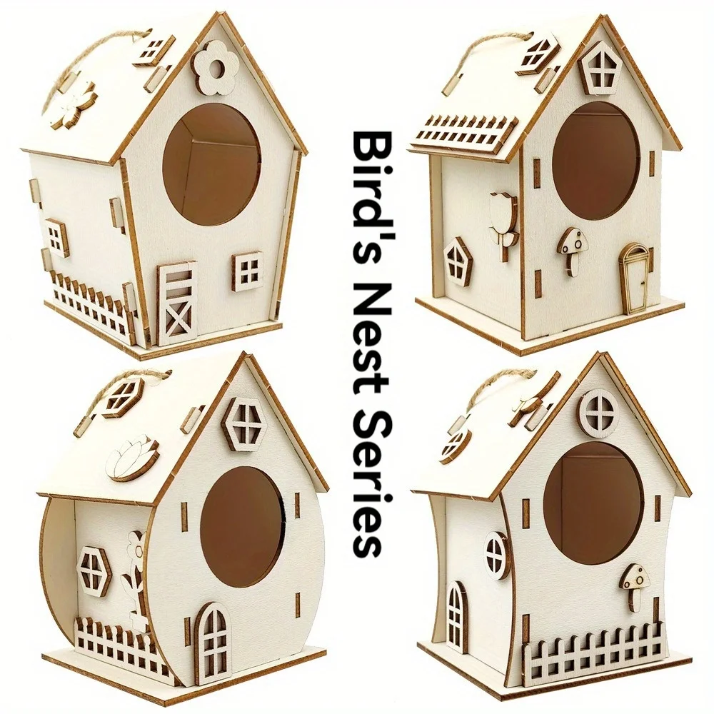 Rustic Wooden DIY Birdhouse Kit Creative Graffiti Bird Nest Wood Birdhouse With Hanging Rope Outdoor Decor Garden Decorative