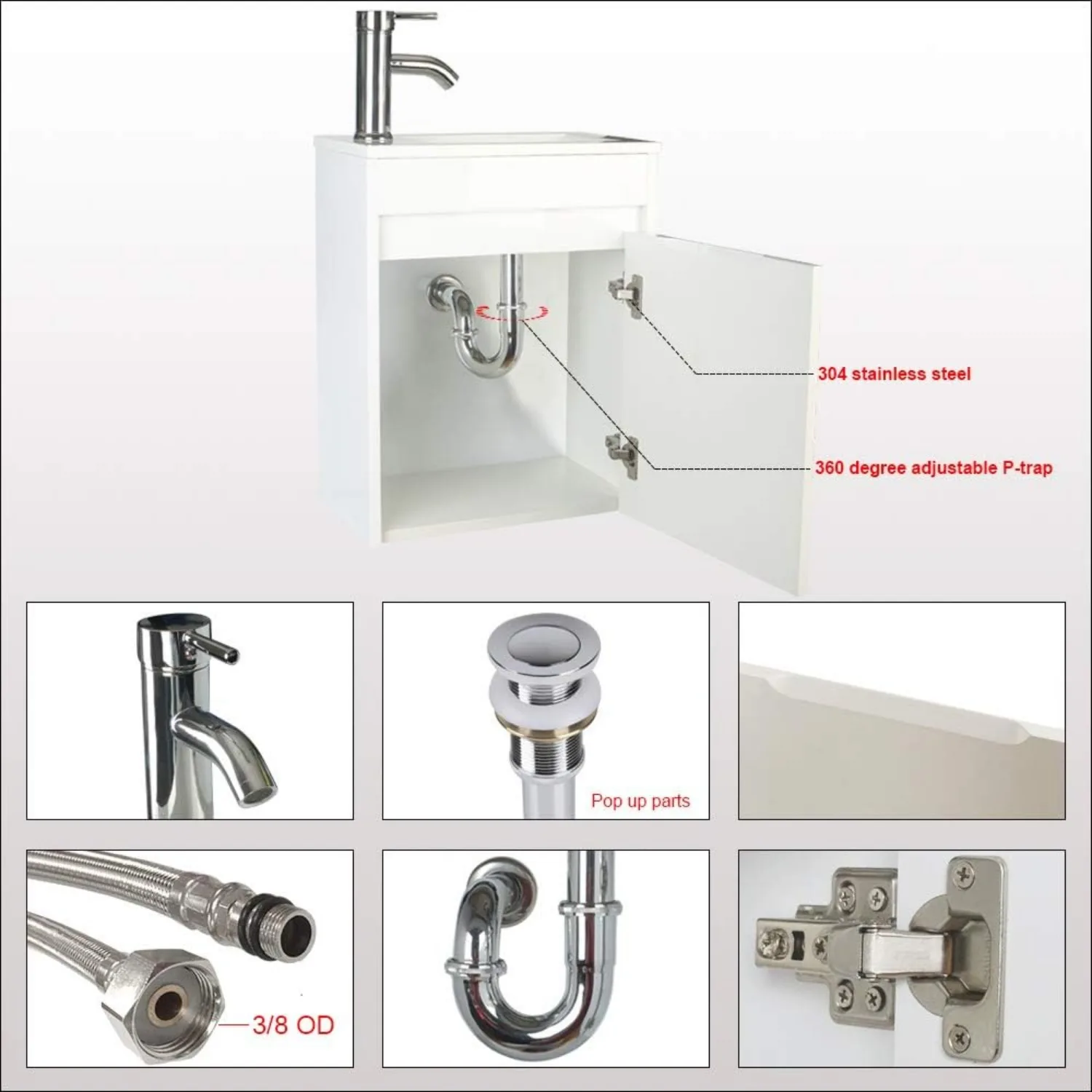 16"Small Bathroom Vanity Wall Mounted,White Small Bathroom Vanity with Ceramic Sink,Bathroom Vanity,Chrome Faucet P-Trap Include 5