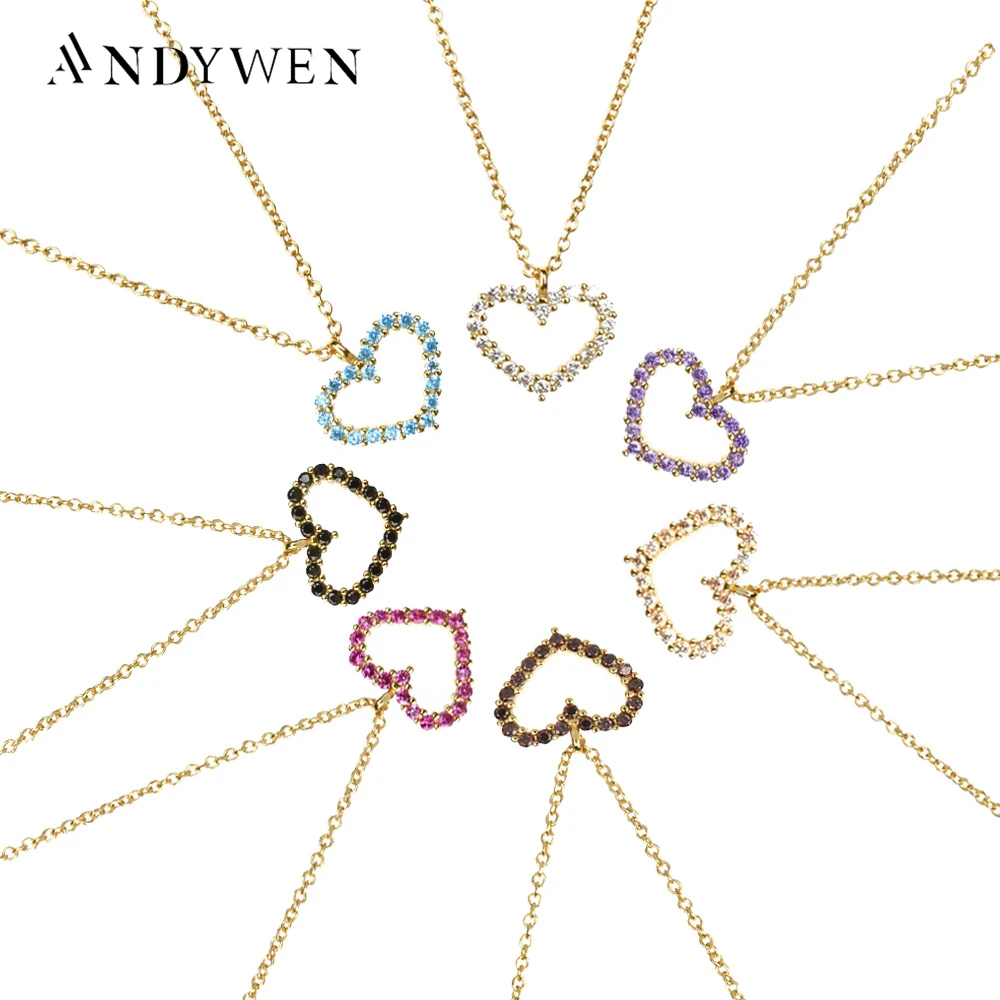 

ANDYWEN 925 Sterling Silver Zircon Colorful Rainbow Heart Pendant Long Chain Necklace Fashion Fine Jewelry For Women Wedding